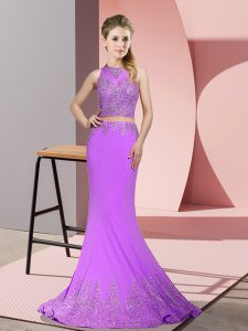 On Sale Lavender Zipper Prom Party Dress Beading and Appliques Sleeveless Sweep Train