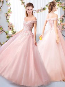  Appliques and Belt Dama Dress for Quinceanera Pink Lace Up Sleeveless Floor Length