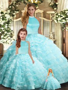  Ball Gowns Quinceanera Dresses Aqua Blue Halter Top Organza Sleeveless Floor Length Backless
