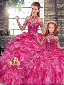 Elegant Floor Length Fuchsia Ball Gown Prom Dress Organza Sleeveless Beading and Ruffles