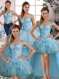 Inexpensive Off The Shoulder Sleeveless Quince Ball Gowns Floor Length Beading and Ruffles Light Blue Organza