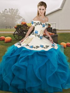  Ball Gowns Ball Gown Prom Dress Blue And White Off The Shoulder Tulle Sleeveless Floor Length Lace Up