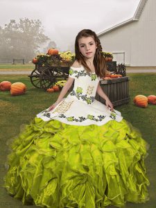 Beautiful Olive Green Sleeveless Embroidery and Ruffles Floor Length Pageant Gowns For Girls