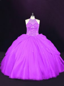 Nice Purple 15th Birthday Dress Halter Top Sleeveless Lace Up