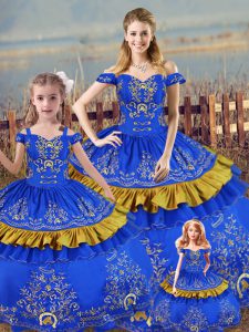 Cheap Sleeveless Satin Floor Length Lace Up 15th Birthday Dress in Blue with Embroidery