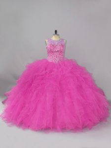 Superior Sleeveless Lace Lace Up Quinceanera Dress in Fuchsia with Beading and Ruffles