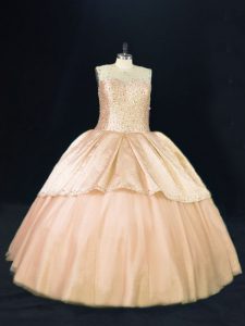  Peach Ball Gowns Scoop Sleeveless Tulle Floor Length Lace Up Beading Quinceanera Gowns