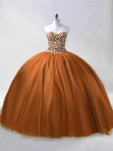 Classical Brown Ball Gowns Beading 15 Quinceanera Dress Lace Up Tulle Sleeveless Floor Length