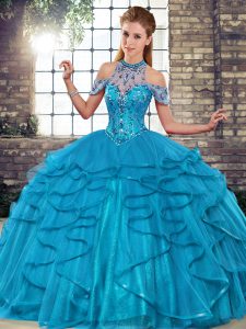 Cheap Sleeveless Tulle Floor Length Lace Up 15th Birthday Dress in Blue with Beading and Ruffles