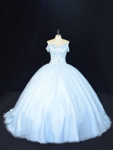 Top Selling Blue 15 Quinceanera Dress Sweet 16 and Quinceanera with Beading Off The Shoulder Sleeveless Court Train Lace Up