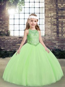  Yellow Green Ball Gowns Scoop Sleeveless Tulle Floor Length Lace Up Beading Kids Formal Wear
