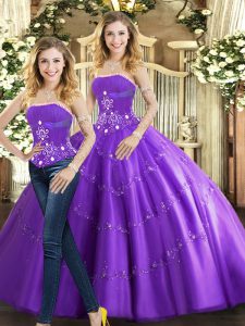  Purple Strapless Neckline Beading Sweet 16 Quinceanera Dress Sleeveless Lace Up