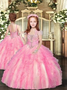  Baby Pink Tulle Lace Up Straps Sleeveless Floor Length Pageant Gowns For Girls Beading and Ruffles