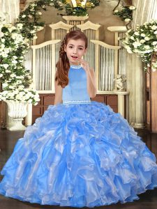  Baby Blue Ball Gowns Organza Halter Top Sleeveless Beading and Ruffles Floor Length Backless Little Girls Pageant Dress