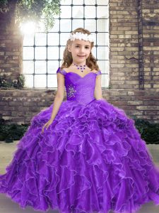 Perfect Purple Ball Gowns Beading and Ruffles Little Girl Pageant Dress Lace Up Organza Sleeveless Floor Length