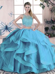  Sleeveless Tulle Floor Length Lace Up 15 Quinceanera Dress in Blue with Beading and Ruffles