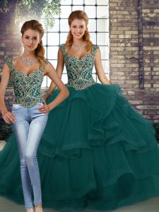 Stunning Sleeveless Floor Length Beading and Ruffles Lace Up Sweet 16 Dress with Peacock Green