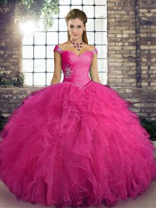 Attractive Hot Pink Ball Gowns Off The Shoulder Sleeveless Tulle Floor Length Lace Up Beading and Ruffles Vestidos de Quinceanera