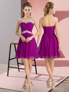 Customized Purple Empire Chiffon Bateau Cap Sleeves Beading Mini Length Lace Up Quinceanera Dama Dress