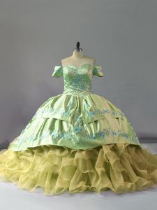 Best Yellow Green Lace Up Off The Shoulder Embroidery and Ruffles 15 Quinceanera Dress Organza Sleeveless Chapel Train