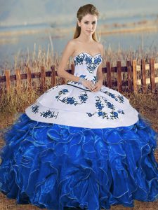  Floor Length Lace Up Sweet 16 Dresses Blue And White for Military Ball and Sweet 16 and Quinceanera with Embroidery and Ruffles and Bowknot