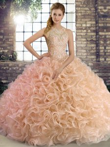 Fashionable Peach Sleeveless Beading Floor Length Quinceanera Gown