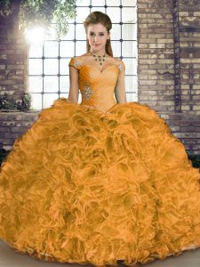 Discount Organza Off The Shoulder Sleeveless Lace Up Beading and Ruffles Quinceanera Dress in Orange