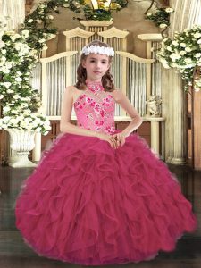  Ball Gowns Little Girls Pageant Dress Wholesale Hot Pink Halter Top Organza Sleeveless Floor Length Lace Up