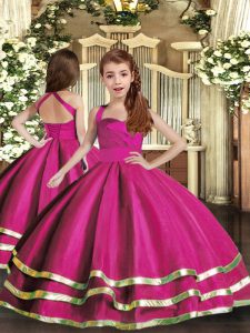  Fuchsia Lace Up Straps Ruffled Layers and Ruching Little Girl Pageant Gowns Organza Sleeveless