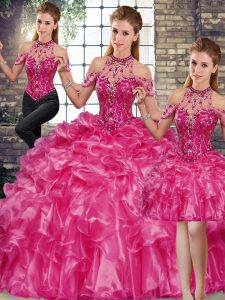 Fancy Fuchsia Lace Up Quinceanera Gowns Beading and Ruffles Sleeveless Floor Length