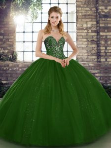 Custom Designed Sleeveless Tulle Floor Length Lace Up 15 Quinceanera Dress in Green with Beading