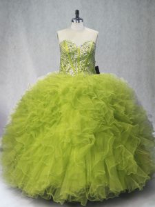 Super Olive Green Sweetheart Neckline Beading and Ruffles Quinceanera Dress Sleeveless Lace Up