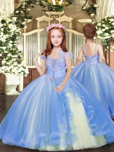  Blue Tulle Lace Up Little Girls Pageant Dress Wholesale Sleeveless Floor Length Beading