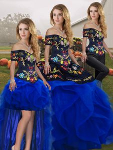 Super Royal Blue Off The Shoulder Neckline Embroidery and Ruffles Quinceanera Dress Sleeveless Lace Up