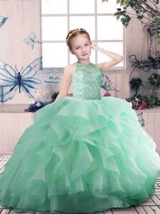  Floor Length Zipper Child Pageant Dress Apple Green for Party and Sweet 16 and Wedding Party with Beading and Ruffles