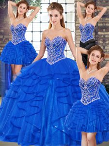 Admirable Sleeveless Floor Length Beading and Ruffles Lace Up Quinceanera Gowns with Royal Blue