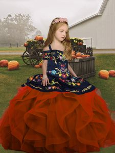  Sleeveless Floor Length Embroidery and Ruffles Lace Up Child Pageant Dress with Rust Red