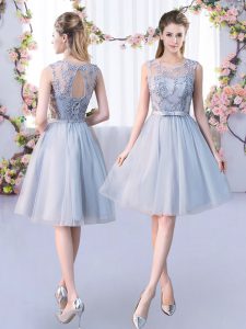 Popular Sleeveless Tulle Knee Length Lace Up Court Dresses for Sweet 16 in Grey with Lace and Belt