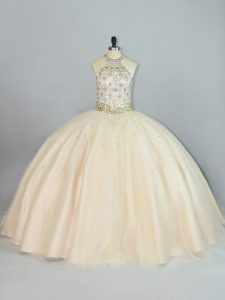 Deluxe Ball Gowns Sweet 16 Dresses Champagne Halter Top Tulle Sleeveless Floor Length Lace Up