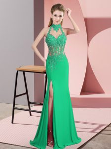  Sleeveless Chiffon Floor Length Backless Prom Party Dress in Green with Beading and Lace and Appliques