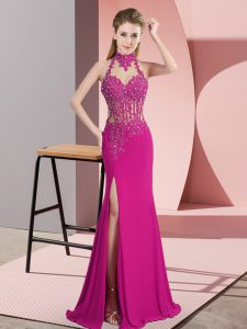 Attractive Fuchsia Column/Sheath Chiffon Halter Top Sleeveless Lace and Appliques Floor Length Backless Prom Evening Gown
