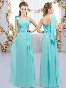Edgy Aqua Blue Empire Hand Made Flower Dama Dress for Quinceanera Lace Up Chiffon Sleeveless Floor Length