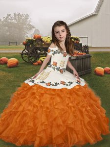  Sleeveless Floor Length Embroidery and Ruffles Lace Up Kids Formal Wear with Orange