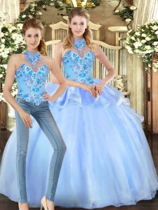 Hot Selling Blue Lace Up Quinceanera Gowns Embroidery Sleeveless Floor Length