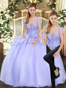Nice Lavender Two Pieces Strapless Sleeveless Organza Floor Length Lace Up Beading and Appliques Quinceanera Dresses
