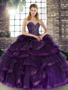 Elegant Purple Ball Gowns Beading and Ruffles Quinceanera Gown Lace Up Tulle Sleeveless Floor Length