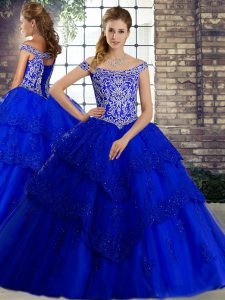  Royal Blue 15 Quinceanera Dress Off The Shoulder Sleeveless Brush Train Lace Up