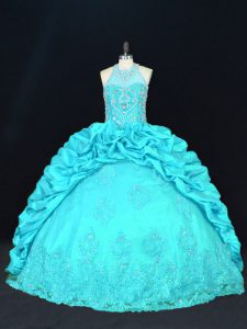 Exceptional Aqua Blue Ball Gowns Halter Top Sleeveless Taffeta Floor Length Lace Up Beading and Appliques and Embroidery and Pick Ups Ball Gown Prom Dress