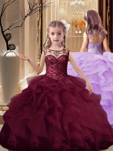 Beautiful Burgundy Lace Up Scoop Beading and Ruffles Kids Pageant Dress Organza Sleeveless Brush Train