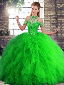 Hot Selling Green Ball Gowns Beading and Ruffles 15 Quinceanera Dress Lace Up Tulle Sleeveless Floor Length